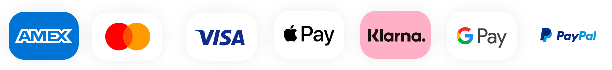 Payments via Amex, Mastercard, Visa, Apple Pay, Klarna, Google Pay and PayPal